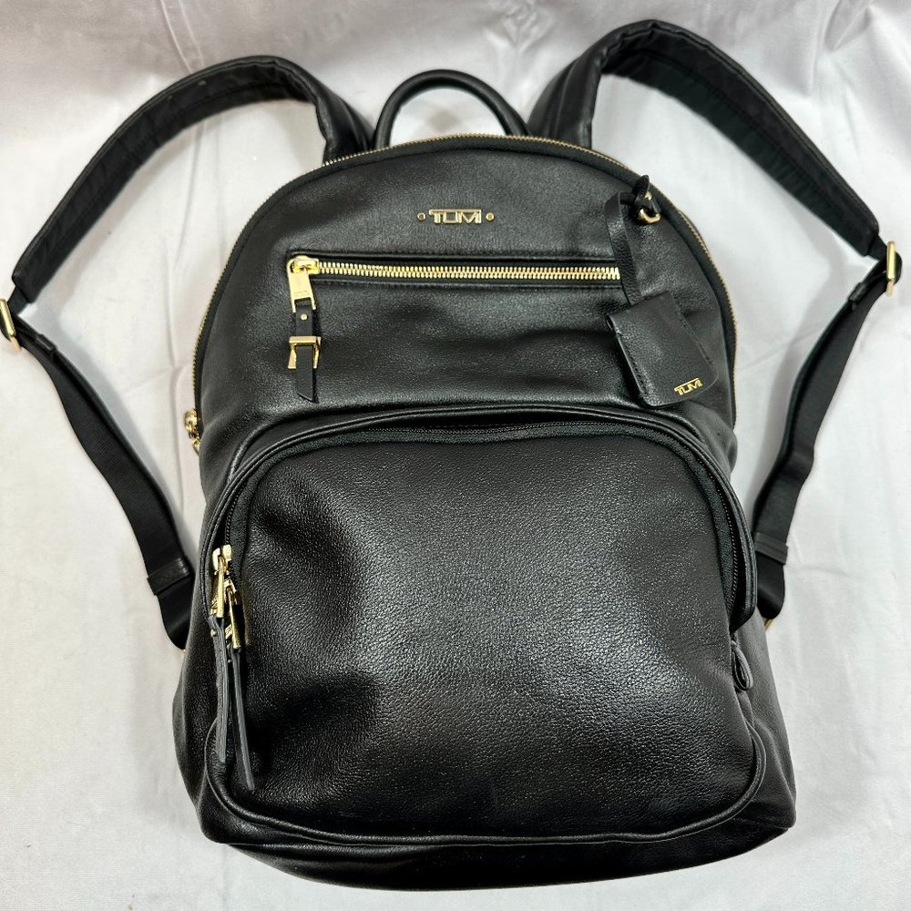 Tumi Voyageur Hartford Laptop Backpack Black Leather Gold Hardware + Zip Wallet